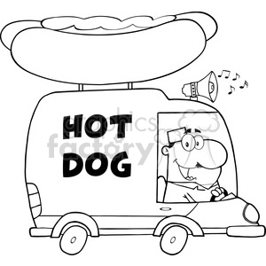 Royalty Free RF Clipart Illustration Black And White Happy Hot Dog Vendor Driving Truck