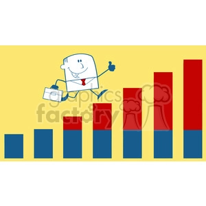 Royalty Free RF Clipart Illustration Businessman Giving A Thumb Up And Running Over Growing Bar Chart Monochrome Cartoon Character On Yellow Background