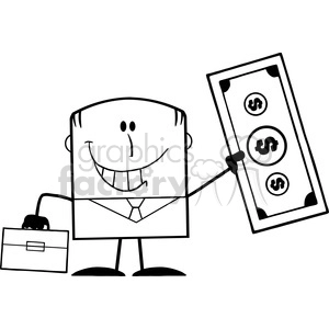 Royalty Free RF Clipart Illustration Black And White Lucky Businessman With Briefcase Holding A Dollar Bill Cartoon Character
