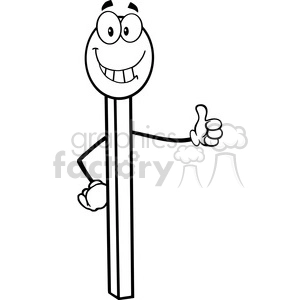Royalty Free RF Clipart Illustration Black And White Smiling Match Stick Cartoon Mascot Character Showing Thumbs Up