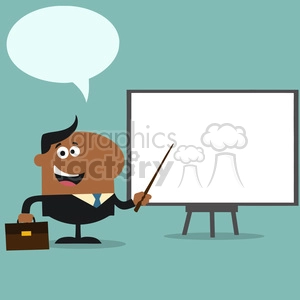 8358 Royalty Free RF Clipart Illustration African American Manager Pointing To A White Board Flat Style Vector Illustration With Speech Bubble