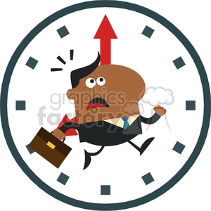 8277 Royalty Free RF Clipart Illustration Hurried African American Manager Running Past A Clock Modern Flat Design Vector Illustration