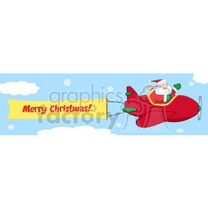 8207 Royalty Free RF Clipart Illustration Santa Flying In The Sky With Christmas Plane And A Blank Banner Attached With Text