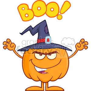 Royalty Free RF Clipart Illustration Scaring Halloween Pumpkin With A Witch Hat And Text