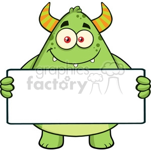 8934 Royalty Free RF Clipart Illustration Smiling Horned Green Monster Cartoon Character Holding A Blank Sign Vector Illustration Isolated On White