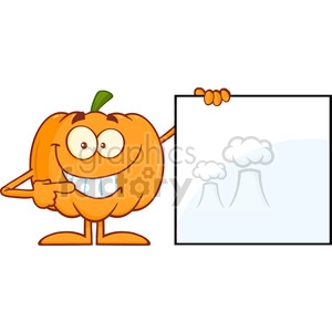 Royalty Free RF Clipart Illustration Smiling Halloween Pumpkin Mascot Character Showing A Blank Sign