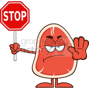8408 Royalty Free RF Clipart Illustration Angry Steak Cartoon Mascot Character Holding a Stop Sign Vector Illustration Isolated On White