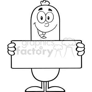 8431 Royalty Free RF Clipart Illustration Black And White Sausage Cartoon Character Holding A Banner Vector Illustration Isolated On White