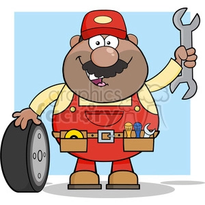 8556 Royalty Free RF Clipart Illustration Smiling African American Mechanic Cartoon Character With Tire And Huge Wrench Vector Illustration With Background