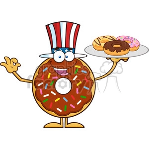 8704 Royalty Free RF Clipart Illustration American Chocolate Donut Cartoon Character Serving Donuts Vector Illustration Isolated On White