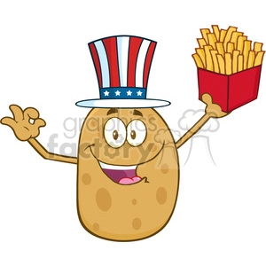 8793 Royalty Free RF Clipart Illustration American Potato Character Gesturing Ok And Holding A French Fries Vector Illustration Isolated On White