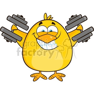 8611 Royalty Free RF Clipart Illustration Smiling Yellow Chick Cartoon Character Training With Dumbbells Vector Illustration Isolated On White