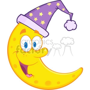 Royalty Free RF Clipart Illustration Smiling Cute Moon With Sleeping Hat Cartoon Mascot Character