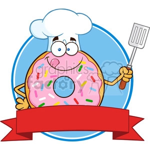 8671 Royalty Free RF Clipart Illustration Chef Donut Cartoon Character With Sprinkles Circle Label Vector Illustration Isolated On White