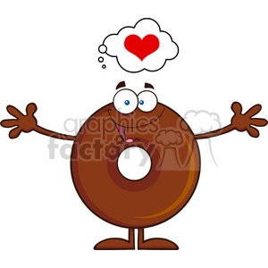 8716 Royalty Free RF Clipart Illustration Chocolate Donut Cartoon Character Thinking Of Love And Wanting A Hug Vector Illustration Isolated On White