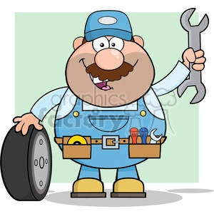 8554 Royalty Free RF Clipart Illustration Smiling Mechanic Cartoon Character With Tire And Huge Wrench Vector Illustration With Background