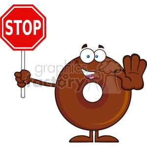 8708 Royalty Free RF Clipart Illustration Smiling Chocolate Donut Cartoon Character Holding A Stop Sign Vector Illustration Isolated On White