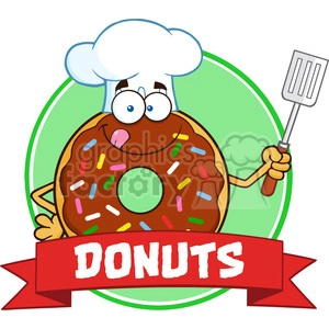 8692 Royalty Free RF Clipart Illustration Chocolate Chef Donut Cartoon Character With Sprinkles Circle Label Vector Illustration Isolated On White