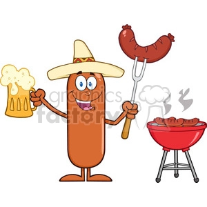 8472 Royalty Free RF Clipart Illustration Happy Mexican Sausage Cartoon Character Holding A Beer And Weenie Next To BBQ Vector Illustration Isolated On White