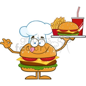 8568 Royalty Free RF Clipart Illustration Chef Hamburger Cartoon Character Holding A Platter With Burger, French Fries And A Soda Vector Illustration Isolated On White