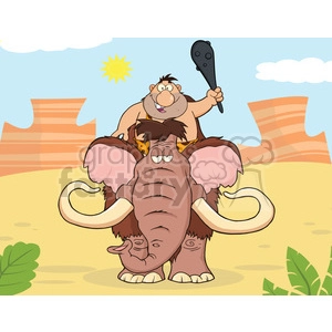 8756 Royalty Free RF Clipart Illustration Happy Caveman Over Mammoth Vector Illustration With Background