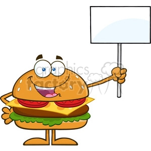 8565 Royalty Free RF Clipart Illustration Hamburger Cartoon Character Holding A Blank Sign Vector Illustration Isolated On White