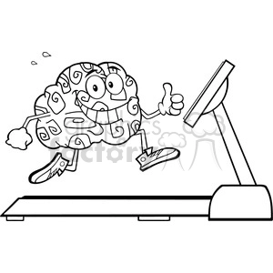 8805 Royalty Free RF Clipart Illustration Back And White Healthy Brain Cartoon Character Running On A Treadmill And Giving A Thumb Up Vector Illustration Isolated On White