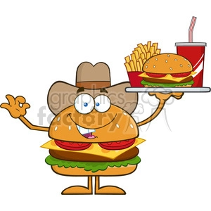 8573 Royalty Free RF Clipart Illustration Cowboy Hamburger Cartoon Character Holding A Platter With Burger, French Fries And A Soda Vector Illustration Isolated On White
