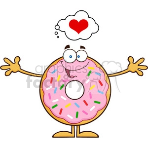 8676 Royalty Free RF Clipart Illustration Funny Donut Cartoon Character With Sprinkles Thinking Of Love And Wanting A Hug Vector Illustration Isolated On White