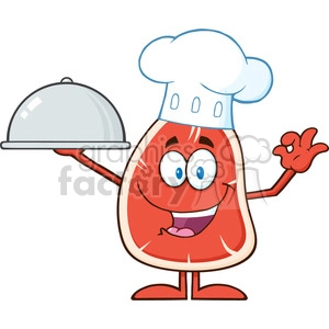 8410 Royalty Free RF Clipart Illustration Happy Chef Steak Cartoon Mascot Character Holding Up A Cloche Platter Vector Illustration Isolated On White