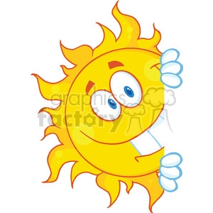 Royalty Free RF Clipart Illustration Smiling Sun Looking Around A Sign Cartoon Mascot Character