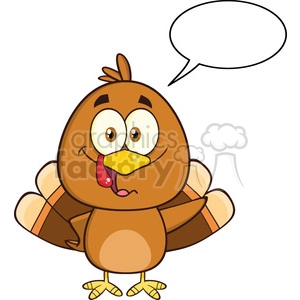 8974 Royalty Free RF Clipart Illustration Cute Turkey Bird Cartoon Character Waving With Speech Bubble Vector Illustration Isolated On White