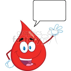 Royalty Free RF Clipart Illustration Happy Red Blood Drop Cartoon Mascot Character Waving With Speech Bubble