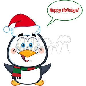 royalty free rf clipart illustration cute christmas penguin cartoon character with open wings and speech bubble and text vector illustration isolated on white