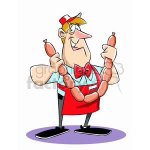 Chuck the cartoon butcher holding sausages