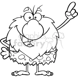 black and white smiling male caveman cartoon mascot character pointing vector illustration