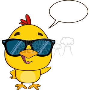 royalty free rf clipart illustration cute yellow chick cartoon character wearing sunglasses, talking and waving vector illustration isolated on white