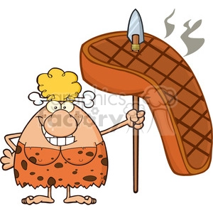 smiling cave woman cartoon mascot character holding a spear with big grilled steak vector illustration