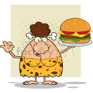chef brunette cave woman cartoon mascot character holding a big burger and gesturing ok vector illustration