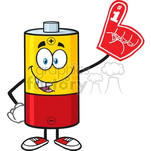 royalty free rf clipart illustration funny battery cartoon mascot character wearing a foam finger vector illustration isolated on white
