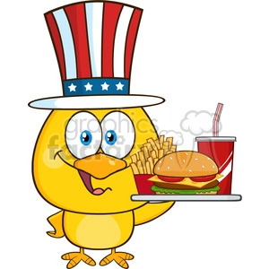 yellow chick cartoon character with usa patriotic hat holding a fast food tray vector illustration isolated on white