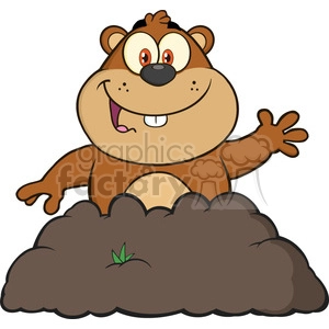 The clipart image shows a cartoon character of a groundhog, waving its hand in a friendly manner. The groundhog is depicted as happy and cheerful. The image is likely associated with Groundhog Day, an annual event where people look to the behavior of a groundhog to predict the arrival of spring.
