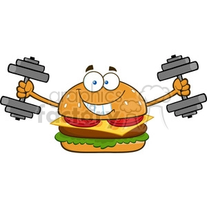 illustration smiling burger cartoon mascot character working out with dumbbells vector illustration isolated on white background