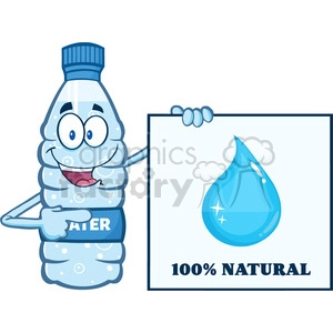 of a water plastic bottle mascot character holding and pointing to a banner with text vector illustration isolated on white background