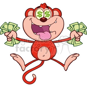 royalty free rf clipart illustration rich red monkey cartoon character jumping with cash money and dollar eyes vector illustration isolated on white
