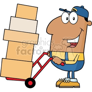 royalty free rf clipart illustration african american delivery man cartoon character using a dolly to move boxes vector illustration with isolated on white