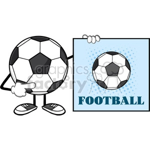 soccer ball faceless cartoon mascot character pointing to a sign with text football vector illustration isolated on white background
