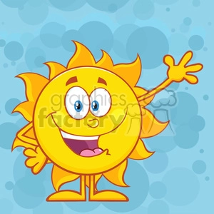 The clipart image shows an anthropomorphized smiling sun with a cheerful face, arms, and legs. The sun has big blue eyes and a wide open mouth with a tongue, suggesting a friendly and inviting expression. It is waving one hand and standing in a pose that suggests it is greeting or happily engaging with the viewer. The background is a muted blue with lighter blue circles, giving the impression of a clear sky.