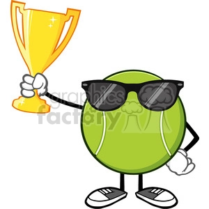 tennis ball faceless cartoon mascot character with sunglasses holding a trophy cup vector illustration isolated on white background
