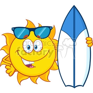 happy sun cartoon mascot character with sunglasses holding a surf board vector illustration isolated on white background